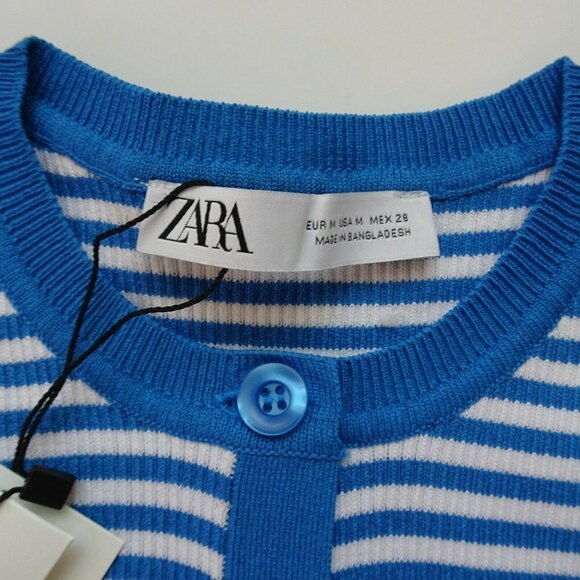 ZARA Button-Front Sweater Striped Cropped Shrug Top Blue White Stretch M NWT - Picture 8 of 14